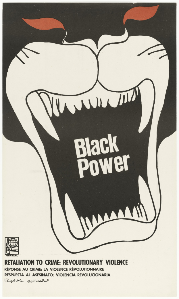 Ein Plakat mit einem Black-Power-Logo, einem schwarzen Kreis mit weißer Umrandung und einem weißen Buchstaben "P" in der Mitte sowie fetter Schrift, die "Rache für Verbrechen, revolutionäre Gewalt" ruft, zentral platziert und aufruft, gegen rassistische Ungerechtigkeit und Gewalt zu handeln.