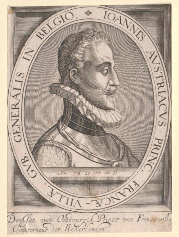 Eine Gravur eines bärtigen Mannes mit einem gestärkten Kragen, identifiziert als Joannes Astracvus, König von Frankreich, gerahmt mit Text.