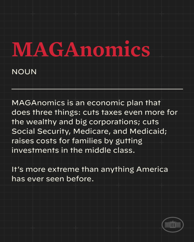 Plakat mit fettem schwarzem Text auf einem weißen Hintergrund, eingerahmt von einem schmalen schwarzen Rand, das "Maganomics: Ein Wirtschaftsplan, der drei Dinge tut: Senkt Steuern noch mehr für Reich und große Unternehmen."