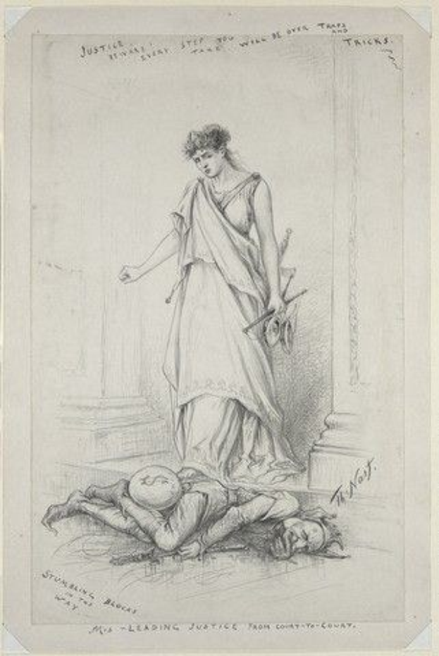 Eine Frau in einem langen Kleid steht neben einem Mann, der auf dem Boden liegt, beide mit verschränkten Händen; der Text lautet "Die führende Richterin des Kreisgerichts".