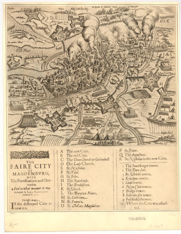 Ein detaillierter alter Stadtplan von Magdeburg, Deutschland, der Straßen, Gebäude, Sehenswürdigkeiten und Text enthält, der Informationen über die Bevölkerung, Sehenswürdigkeiten und Straßen der Stadt bereitstellt.