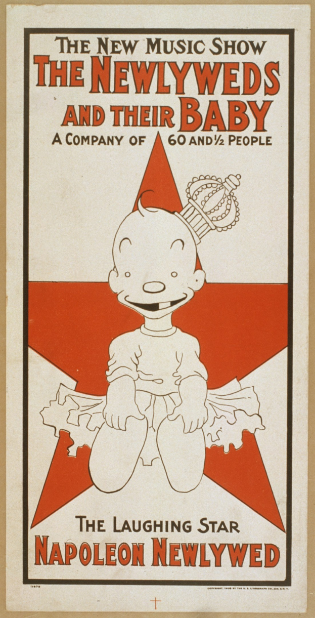 Plakat für "The New Music Show: The Newlyweds and Their Baby" mit einer Cartoon-Baby in einem weißen Strampler mit einer pinken Schleife, das gegen einen hellblauen Hintergrund mit verstreuten Sternen lächelt und eine fette schwarze Schrift hat.