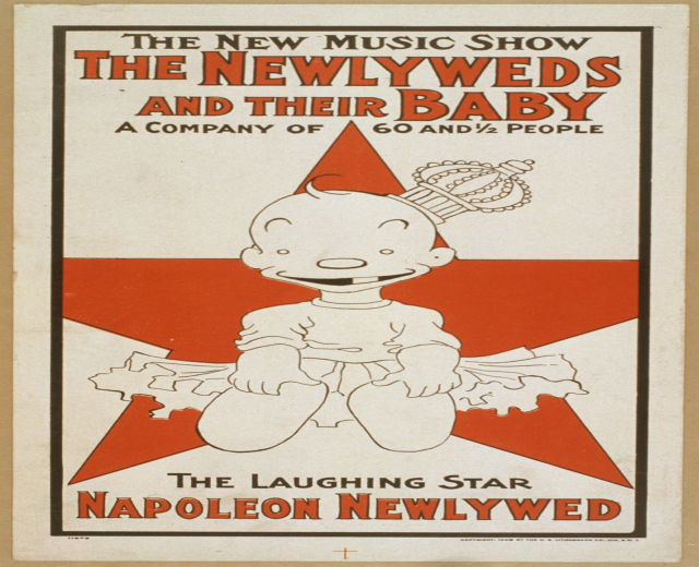 Plakat für "The New Music Show: The Newlyweds and Their Baby" mit einer Cartoon-Baby in einem weißen Strampler mit einer pinken Schleife, das gegen einen hellblauen Hintergrund mit verstreuten Sternen lächelt und eine fette schwarze Schrift hat.
