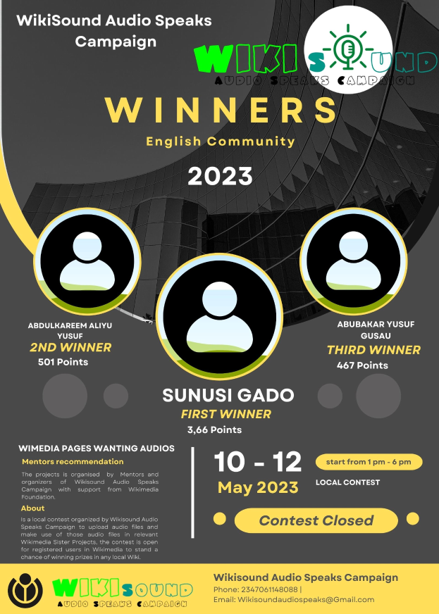 Ein buntes Plakat mit einem blauen Hintergrund und gelber und weißer Schrift, die in fetter Schrift 'Gewinner' lautet, zeigt lachende Menschen in der Mitte.