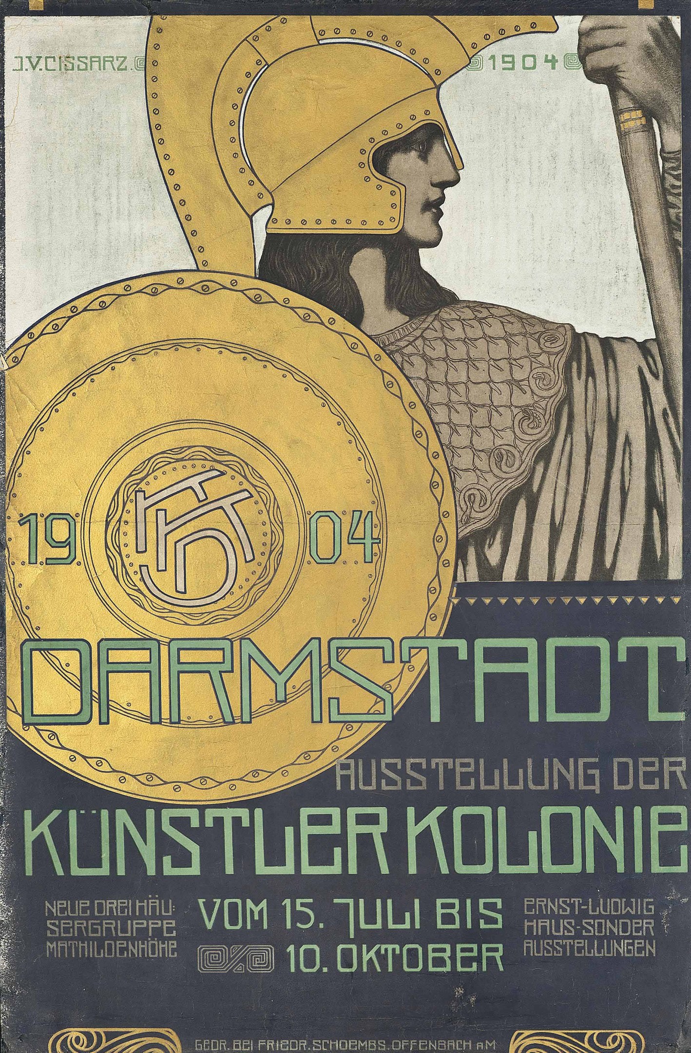 Plakat für ein 1904er Berlin-Konzert mit einem Helmträger, der ein Schild hält, mit 'Darmstadt' und 'Künstler Kolonie' in fetter Schrift.