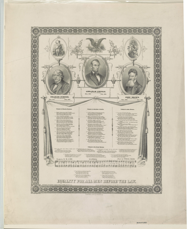 Ein Dokument mit Bildern von Abraham Lincoln und seiner Familie, das den Text "Gleichheit vor dem Gesetz für alle Männer" hervorhebt.