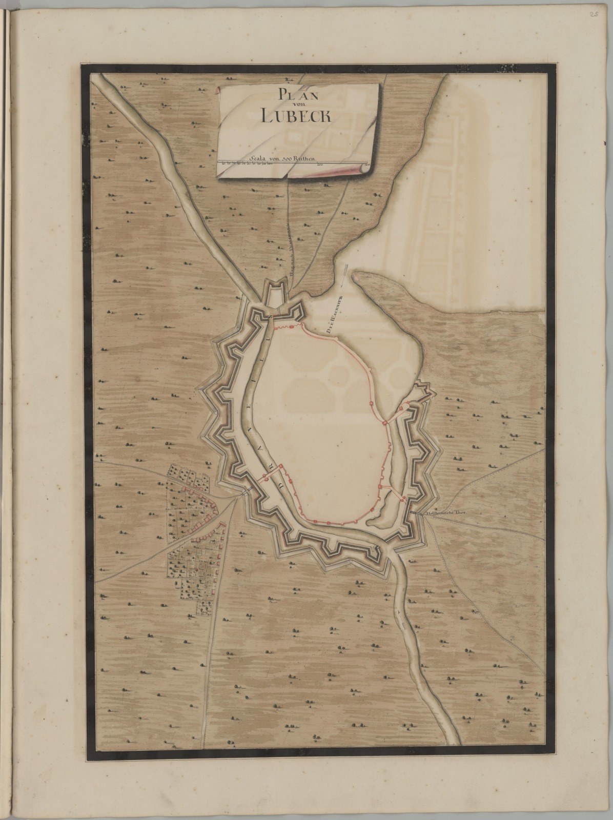 Ein altes Buch mit einer detaillierten Karte von Lübeck, das Straßen, Gebäude und Sehenswürdigkeiten mit Texten zu Bevölkerung, Geschichte und Kultur zeigt.