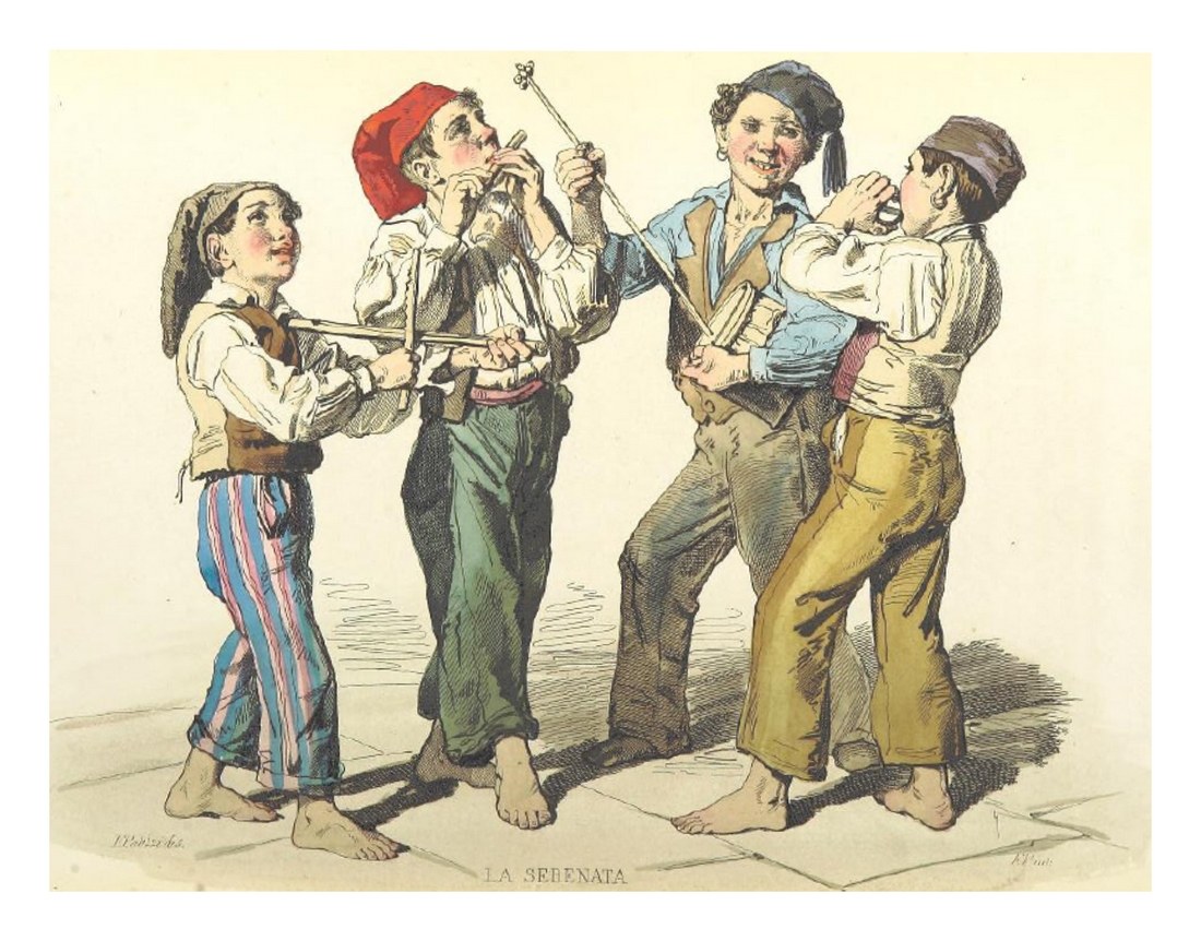 Gemälde von Kindern, die Musikinstrumente spielen, mit einem menschlichen Gesicht in der Mitte und Text unten.