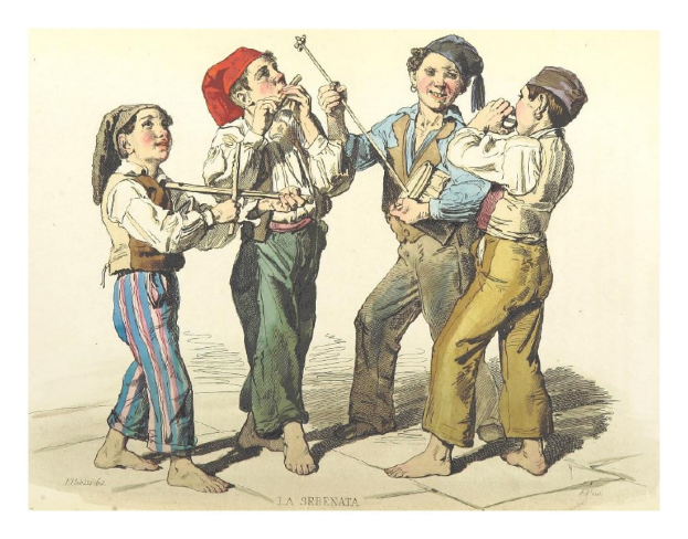Gemälde von Kindern, die Musikinstrumente spielen, mit einem menschlichen Gesicht in der Mitte und Text unten.