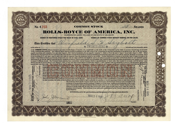 Altes Aktienzertifikat ausgestellt von Rolls Royce of America, Inc. mit gedrucktem Text und numerischen Details.