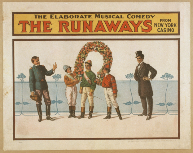 Plakat für die Musical-Comedy "Runaway" aus dem New Yorker Casino, das eine Gruppe von Menschen in einer Reihe zeigt, wobei einer einen Blumenstrauß hält und Textbeschreibungen des Stücks enthält.