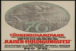 Plakat zum 70. Jahrestag des Kaiser-Huldigungsfestes in Berlin, Deutschland, das eine Gruppe von Menschen mit Text und Zahlen in einem Rahmen zeigt.