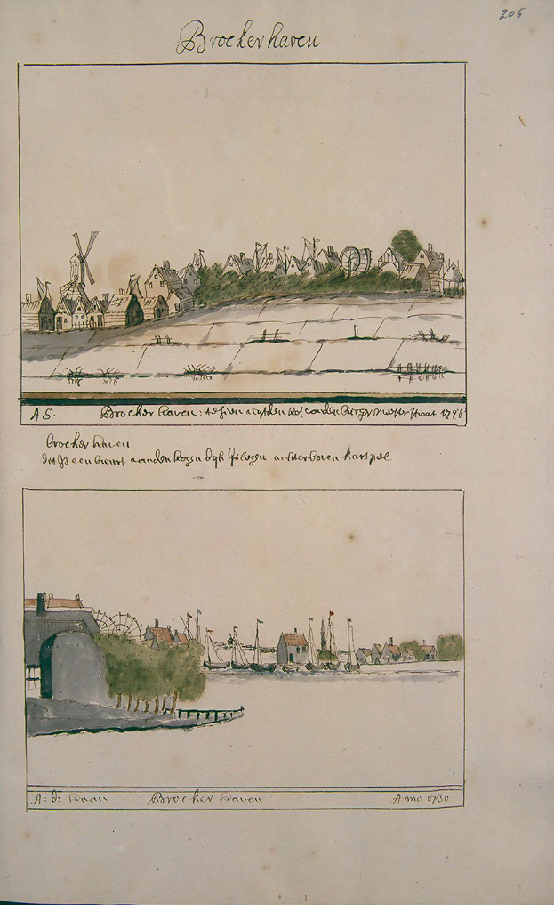 Ein aufgeschlagenes Buch mit einer Stadtansicht-Illustration, die Häuser, Bäume und eine Windmühle zeigt, begleitet von beschreibendem Text.