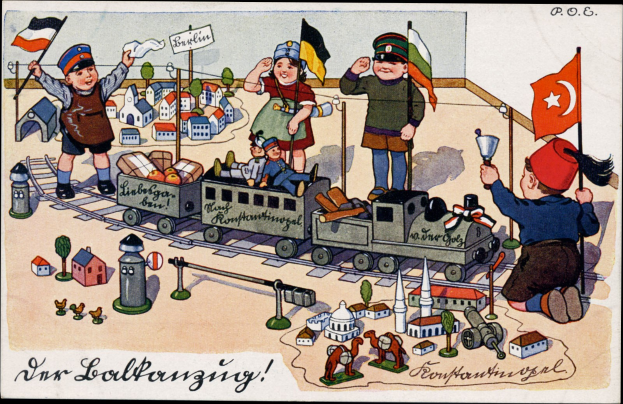 Kinder spielen mit einem Spielzeugrennbahn auf einem Eisenbahn Gleis umgeben von Häusern und Bäumen, mit Text unten.