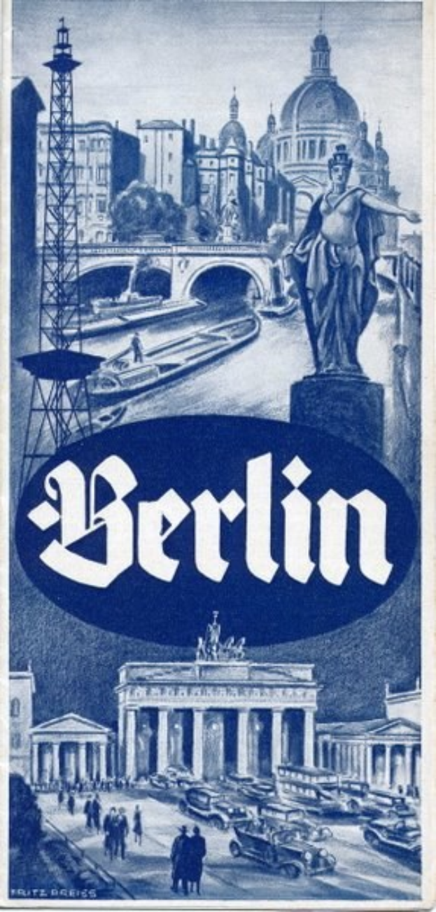Plakat, das Berlin, Deutschland, zeigt, mit einer Statue, Gebäuden, einem Turm, Menschen, Fahrzeugen auf einer Straße und einer Brücke, mit Text, der Informationen über die Stadt enthält.