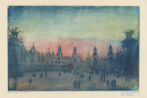 Ein Bild einer belebten Stadtplatz mit Passanten, umgeben von Gebaeuden und Statuen, mit Text unten.