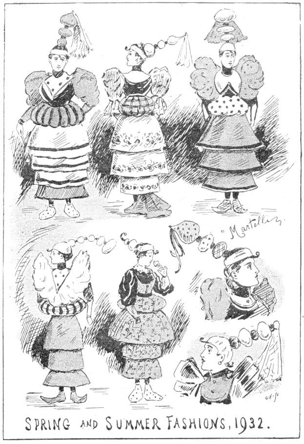 Ein Blatt mit einer Zeichnung mehrerer Frauen in 1932 Frühjahrs- und Sommer-Modekleidern, begleitet von beschreibendem Text.