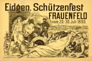 Ein Vintage-Plakat bewirbt das Eidgen Schützenfest in Frauenfeld, Deutschland, mit einem Mann in einem Anzug und einer Frau in einem Kleid, die nebeneinander stehen, und Text, der Informationen zum Ereignis enthält.