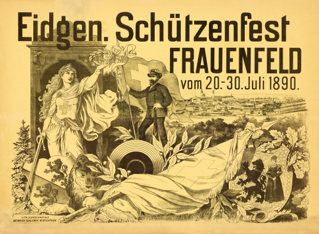 Ein Vintage-Plakat bewirbt das Eidgen Schützenfest in Frauenfeld, Deutschland, mit einem Mann in einem Anzug und einer Frau in einem Kleid, die nebeneinander stehen, und Text, der Informationen zum Ereignis enthält.