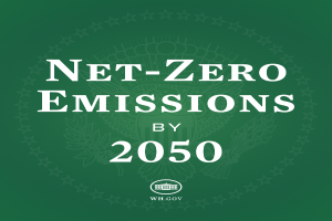 Ein grüner Hintergrund mit der fett geschriebenen weißen Textzeile "net-zero emissions by 2050".