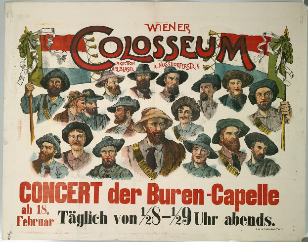 Ein Plakat, das ein Konzert im Kolosseum in Buren-Capelle, Deutschland, ankündigt, auf dem eine Gruppe von Menschen mit Hüten und Fahnen mit Text darauf zu sehen ist.