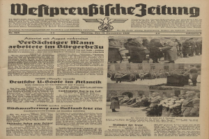 Schwarze und weiße Titelseite einer deutschen Zeitung vom 13. November 1939, betitelt "Weitpreubliche Zeitung", mit einer Gruppe von Menschen in traditioneller deutscher Tracht in einer feierlichen Atmosphäre.