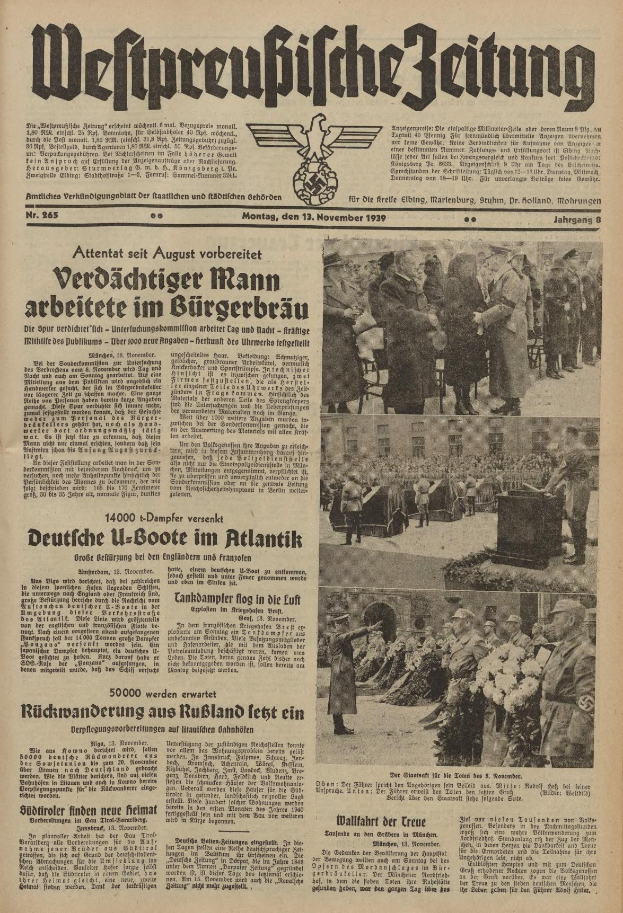 Schwarze und weiße Titelseite einer deutschen Zeitung vom 13. November 1939, betitelt "Weitpreubliche Zeitung", mit einer Gruppe von Menschen in traditioneller deutscher Tracht in einer feierlichen Atmosphäre.