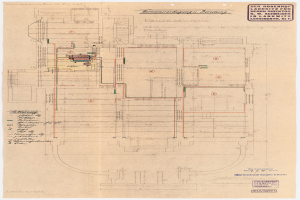 Schwarz-weißer Architekturplan des Rosenhof-Krankenhauses in Hamburg, Deutschland, mit detaillierten Entwürfen mit zahlreichen Kabeln, Räumen, Fluren und Textanmerkungen.