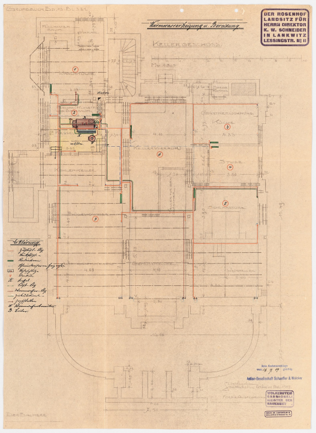 Schwarz-weißer Architekturplan des Rosenhof-Krankenhauses in Hamburg, Deutschland, mit detaillierten Entwürfen mit zahlreichen Kabeln, Räumen, Fluren und Textanmerkungen.