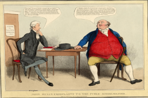 John Bull sitzt mit einem Schulmeister an einem Tisch mit einem Hut und Papieren, einer Tür und einer Ankündigung an der Wand im Hintergrund.