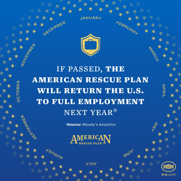 Blauer Plakat mit weißer Schrift und Logo, auf dem steht: "Wenn verabschiedet, wird das American Rescue Plan die USA im nächsten Jahr wieder zur Vollbeschäftigung führen."