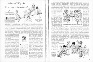 Offenes Buch mit einer Zeichnung von Kindern, die in einer Kita spielen, mit Text, Bildern und einer Tabelle mit Gegenständen.