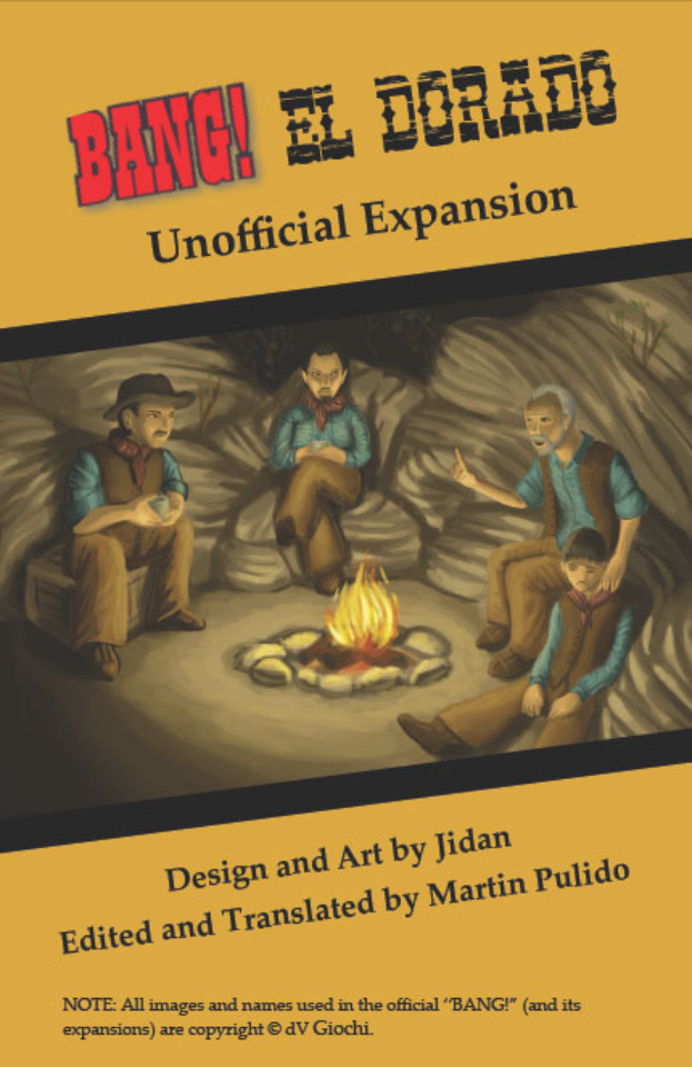 Ein Plakat, das eine Gruppe von Menschen um ein helles Lagerfeuer zeigt, mit der Aufschrift "Bang El Dorado Unofficial Expansion" oben drauf, in einer gedämpften, melancholischen Atmosphäre.
