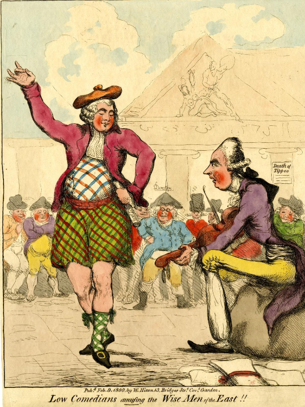 Karikatur eines Mannes in einem Kilt und einer Frau in einem Kleid, die vor einer Menge stehen, mit einem Gebäude und Wolken im Hintergrund und einem Text unten, der 'Niedrige Komiker, die die weisen Männer des Ostens unterhalten' lautet.