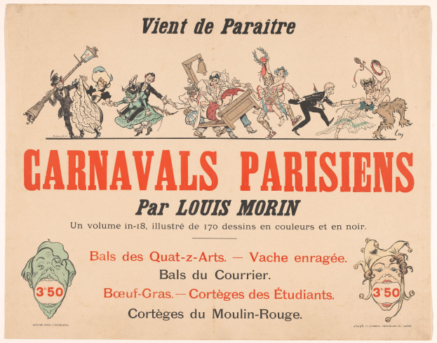 Ein Paper mit dem Titel "Carnivals Parisiens par Louis Morin" mit leuchtenden, detaillierten Entwürfen von Menschen in bunten Karnevalskostümen und Masken.