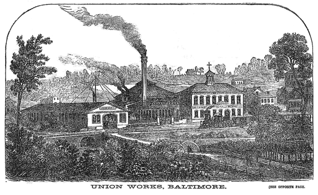 Schwarze und weiße Zeichnung der Union Works in Baltimore, Maryland, mit Gebäuden, Bäumen und Rauch im Hintergrund sowie Text unten.