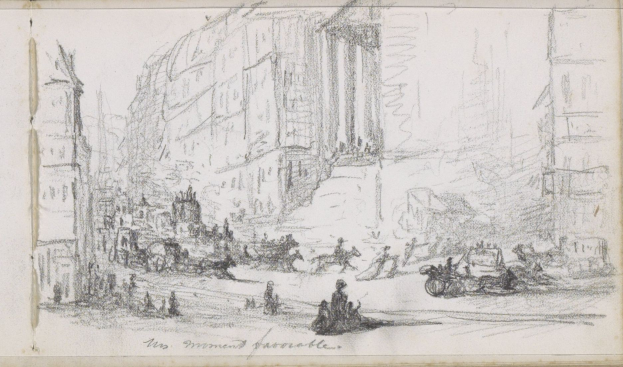Ein detailliertes Zeichnung einer belebten Stadtstraße mit Menschen, Fahrzeugen und Gebäuden, geschaffen von Joseph Mallord William Turner, mit Text unten.