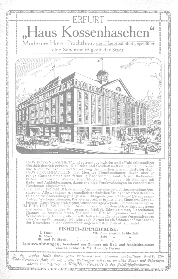 Alte Werbung für ein deutsches Hotel mit rotem Dach, weißen Wänden und einem großen Fenster im zweiten Stock; fetter Text in einem dekorativen Rahmen.