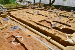 Ein großer Aushub mit Erde, umgeben von Bäumen, Pflanzen, Gras, einem Zaun, einer Abdeckung und einer Wand, mit Schildern, Rohren und verstreuten Gegenständen.