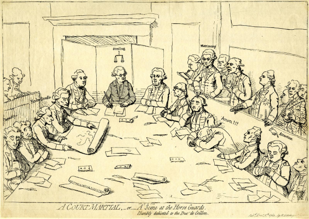 Eine Gerichtsszene mit einer Gruppe von Menschen, die um einen langen Tisch mit Papieren und anderen Gegenständen sitzen, mit Text am unteren Bildrand.