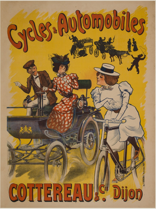 Plakat zur Ankündigung von Fahrrädern und Automobilen in Cottereau und Dijon, Frankreich, das Menschen auf Fahrrädern und eine Kutsche zeigt mit "Fahrräder und Automobile" oben drauf.