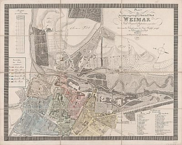 Detailreiches altes Stadtplan von Weimar, Deutschland, zeigt Straßen, Gebäude und Sehenswürdigkeiten mit begleitendem Text über Bevölkerung und besondere Merkmale.