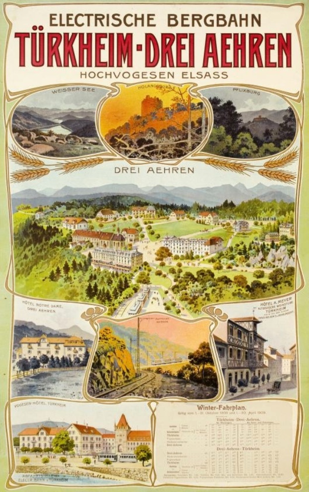 Plakat für Bergbahn, Deutschland als elektrischen Stadt, mit Bildern von Gebäuden, Bäumen, Hügeln und beschreibendem Text.