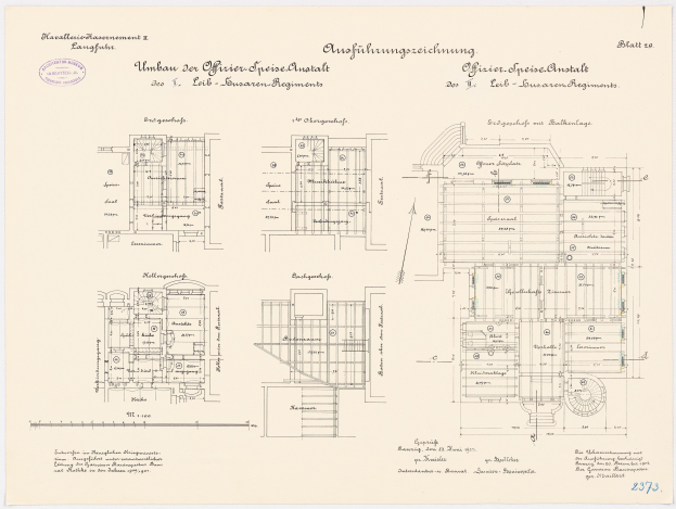 Grundrisszeichnung des ehemaligen Bundeskanzleramts mit detaillierter Planung und Anmerkungen.
