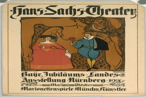 Plakat für das Hans-Sachs-Theater in München mit einem formell gekleideten Mann und einer Frau nebeneinander vor einem tiefblauen Hintergrund mit Sternen.