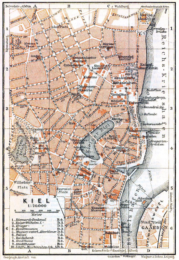 Ein alter Stadtplan von Kiel, Deutschland, zeigt detaillierte Straßen, Gebäude und Sehenswürdigkeiten mit Text oben und unten auf dem Papier.
