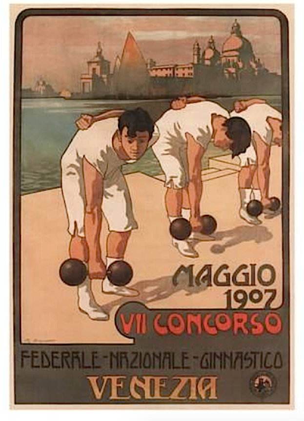 Plakat für eine Bowling-Veranstaltung in Venedig, Italien, mit einer Gruppe von Menschen, die Boccia spielen, einem Wasserlauf und Gebäuden im Hintergrund und Text mit Veranstaltungshinweisen.