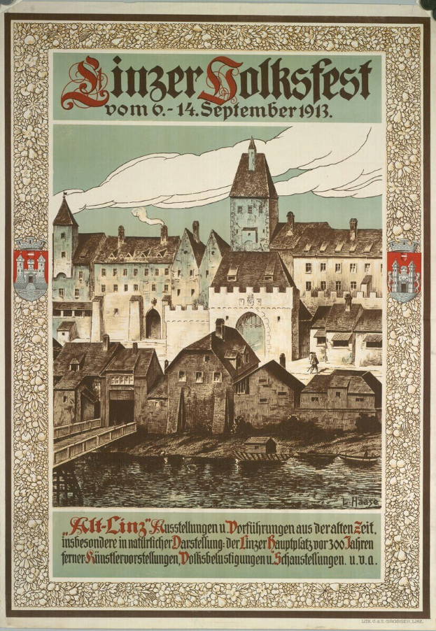 Alter Plakatwerbung eines Festivals in Deutschland, das eine Illustration einer Burg umgeben von Häusern zeigt.
