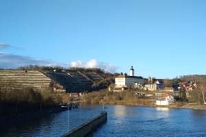 Ein malerischer Blick auf den Rhein in Deutschland, mit einer Brücke, Laternen, Bäumen, Gebäuden entlang der Ufer und einem Hügel im bewölkten Himmel.