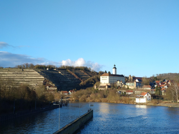 Ein malerischer Blick auf den Rhein in Deutschland, mit einer Brücke, Laternen, Bäumen, Gebäuden entlang der Ufer und einem Hügel im bewölkten Himmel.